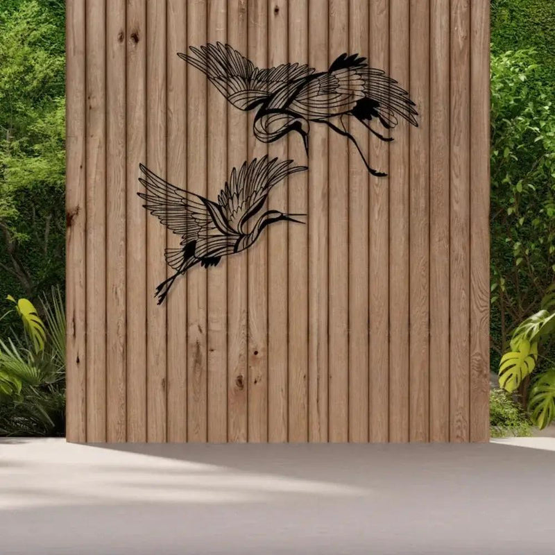 Metal Crane Wall Art Set of 2 with Flying Birds Decor by House Of Avana