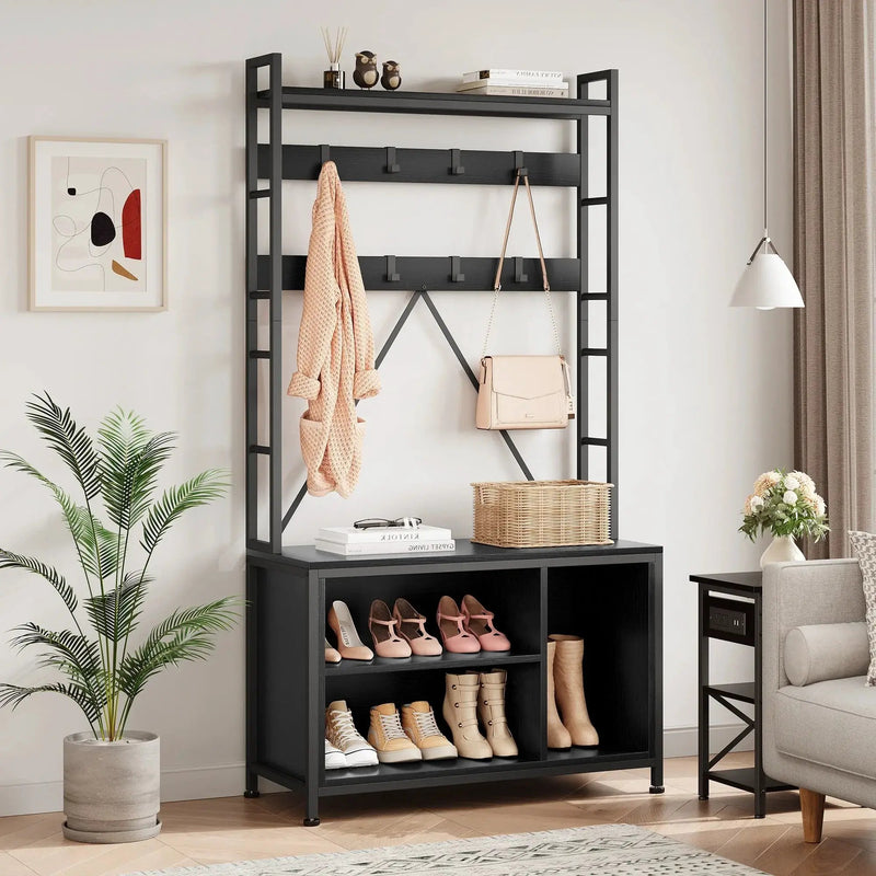 Metal Entryway Organizer with 17 Hooks and Storage Bench by House Of Avana