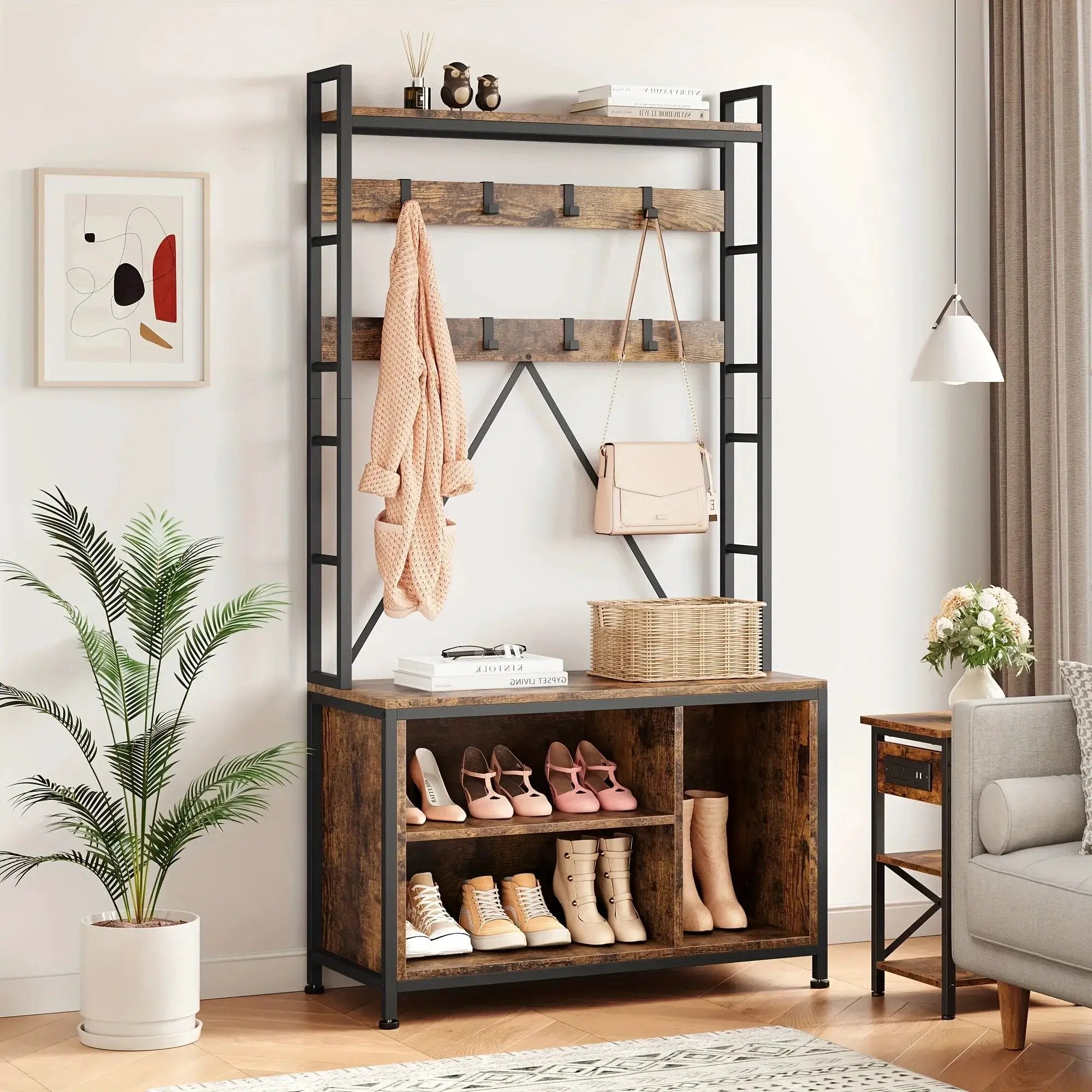 Metal Entryway Organizer with 17 Hooks and Storage Bench by House Of Avana