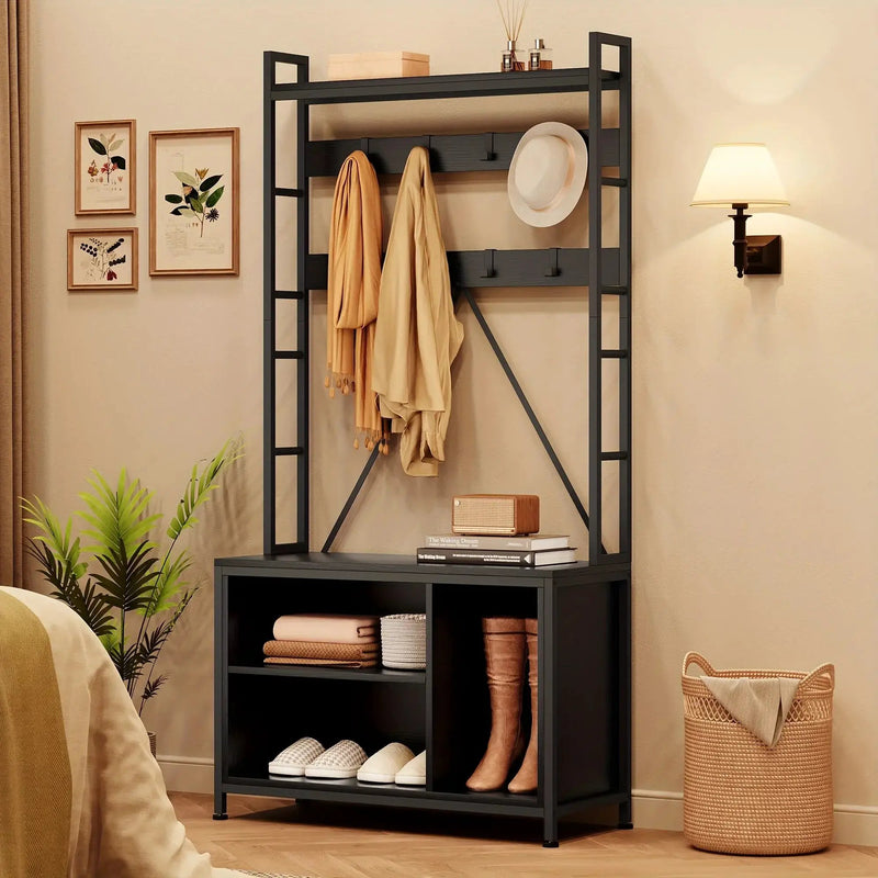 Metal Entryway Organizer with 17 Hooks and Storage Bench by House Of Avana