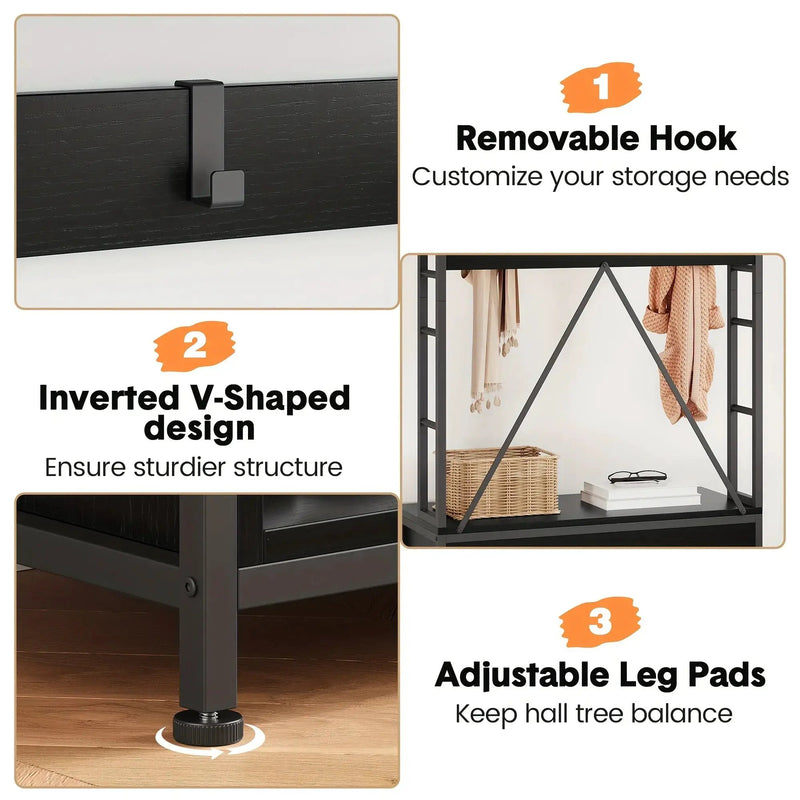 Metal Entryway Organizer with 17 Hooks and Storage Bench by House Of Avana