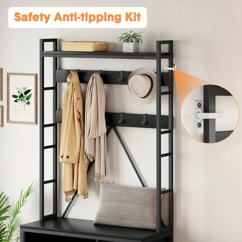Metal Entryway Organizer with 17 Hooks and Storage Bench by House Of Avana