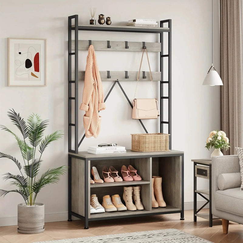 Metal Entryway Organizer with 17 Hooks and Storage Bench by House Of Avana