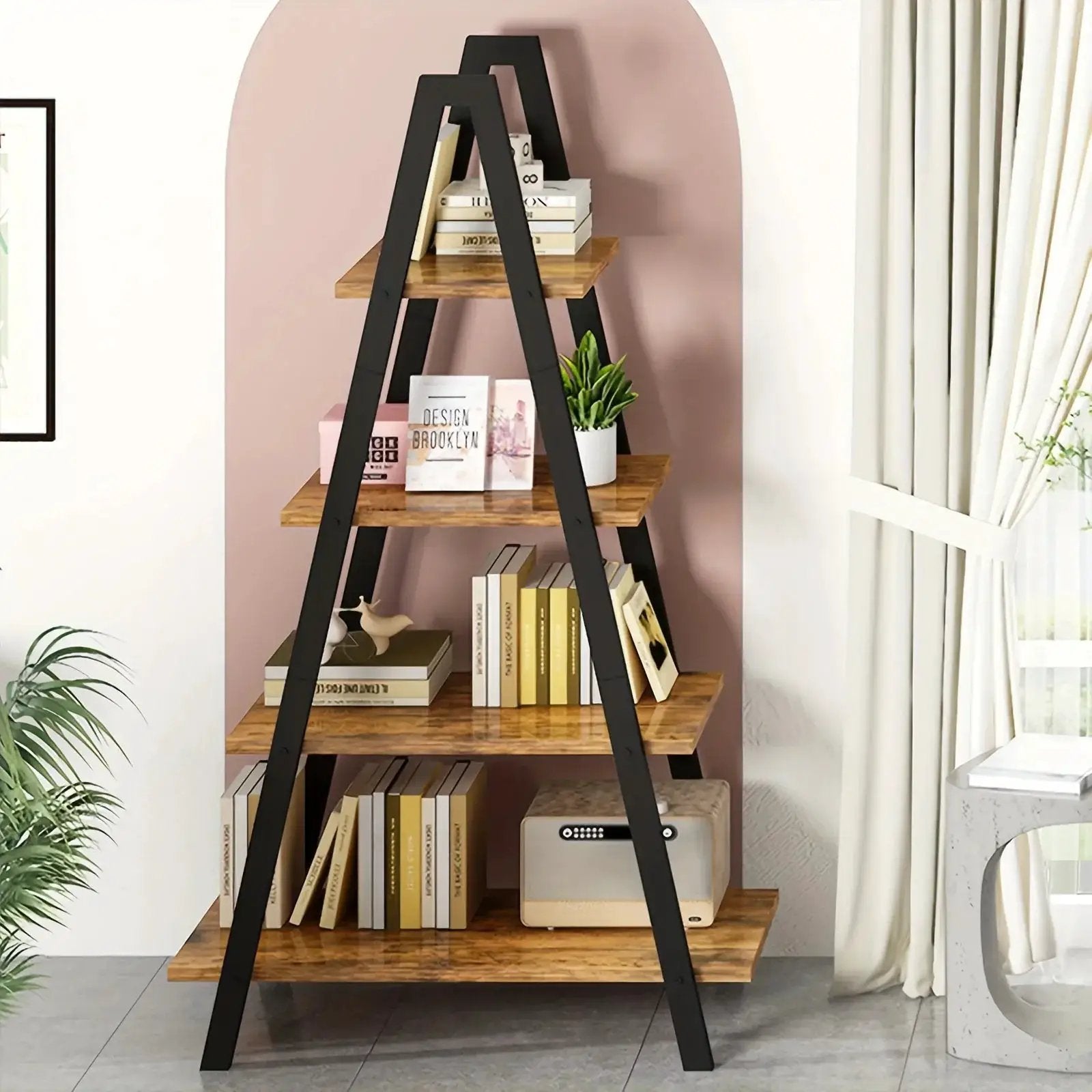 Metal Ladder Bookshelf with 5 Shelves for Industrial Storage by House Of Avana