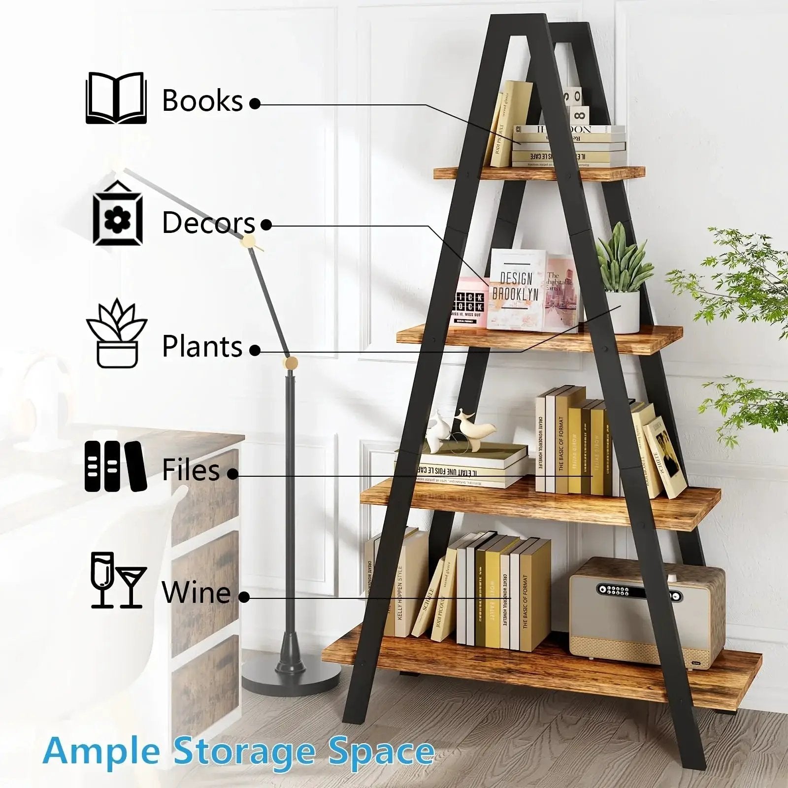 Metal Ladder Bookshelf with 5 Shelves for Industrial Storage by House Of Avana