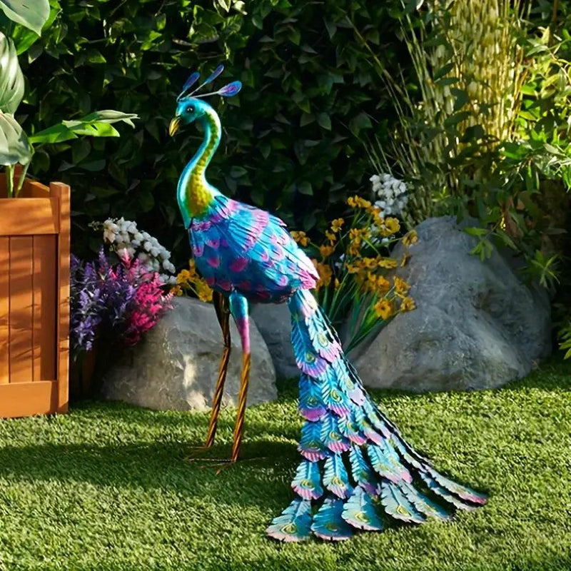 Metal Peacock Statue Elegant Outdoor Garden and Patio Decor by House Of Avana