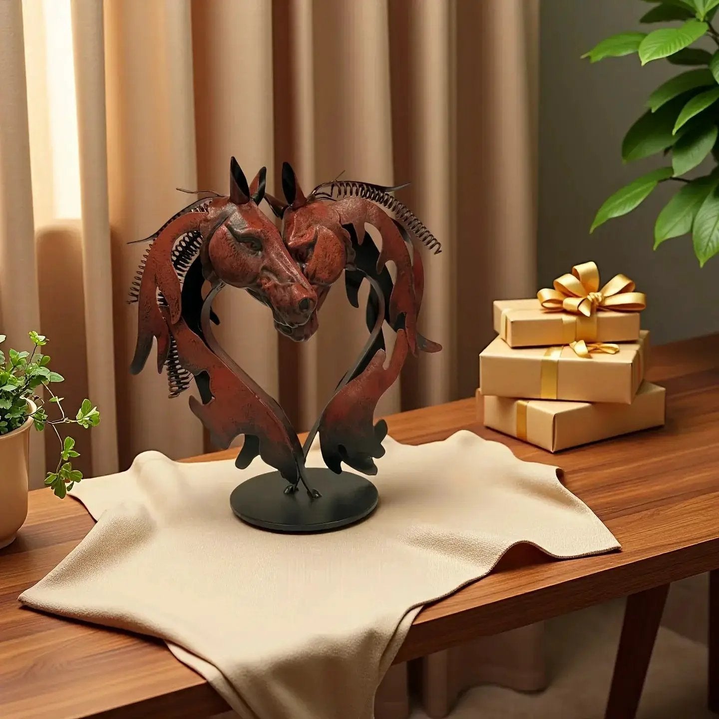 Double Horse Head Heart Metal Sculpture Romantic Gift for Horse Lovers by House Of Avana