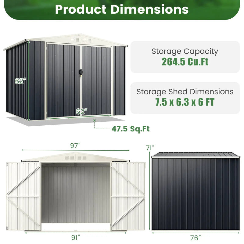 7.5 x 6.3 FT Metal Outdoor Storage Shed with Lockable Door-Gray by DirectDeals