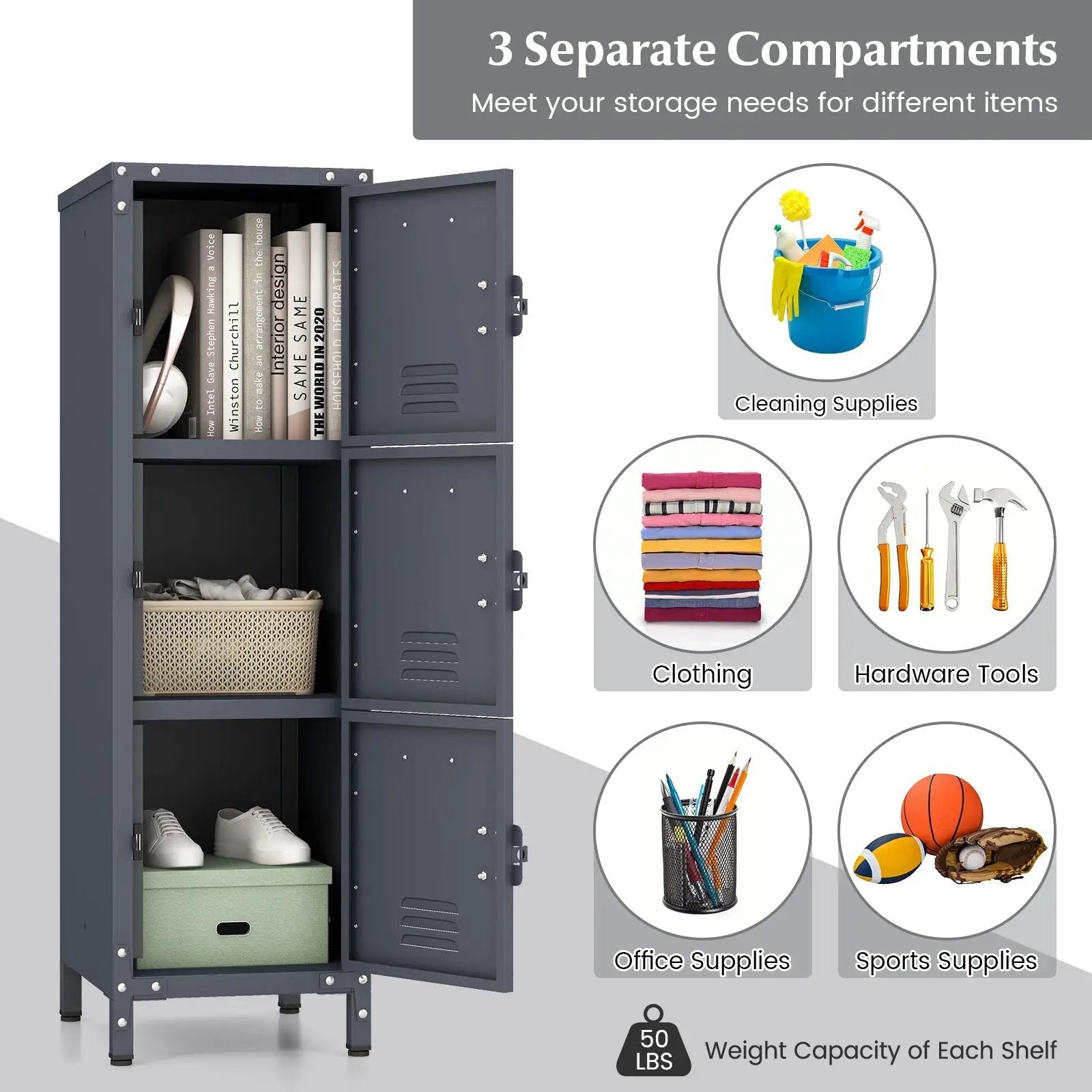Metal Storage Locker with 3 Lockable Doors and Adjustable Feet by DirectDeals