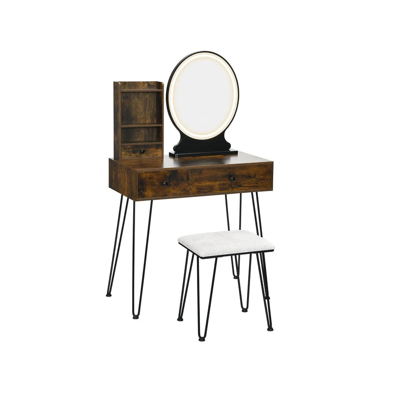 Vanity Table Set with Lighted Mirror and Cushion Stool-Brown by DirectDeals