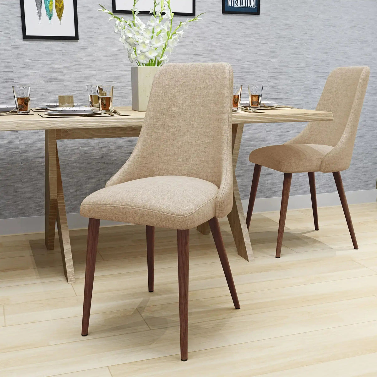 Mid Century Modern Fabric Armless Dining Chair with Wood Frame – Light Brown or Dark Gray, photo 5 of 8