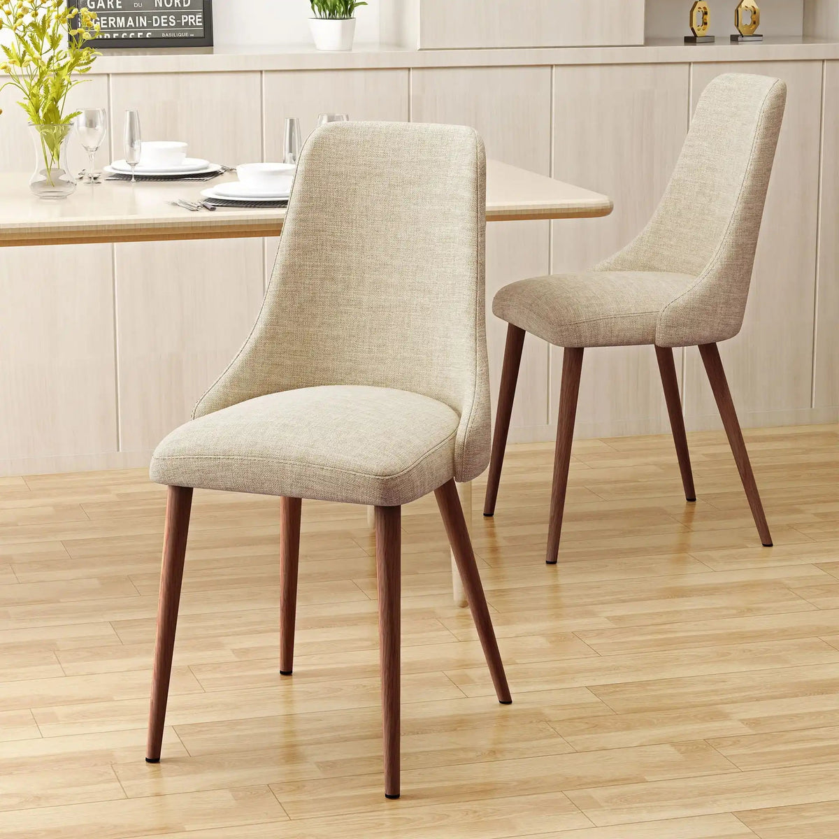 Mid Century Modern Fabric Armless Dining Chair with Wood Frame – Light Brown or Dark Gray, photo 7 of 8