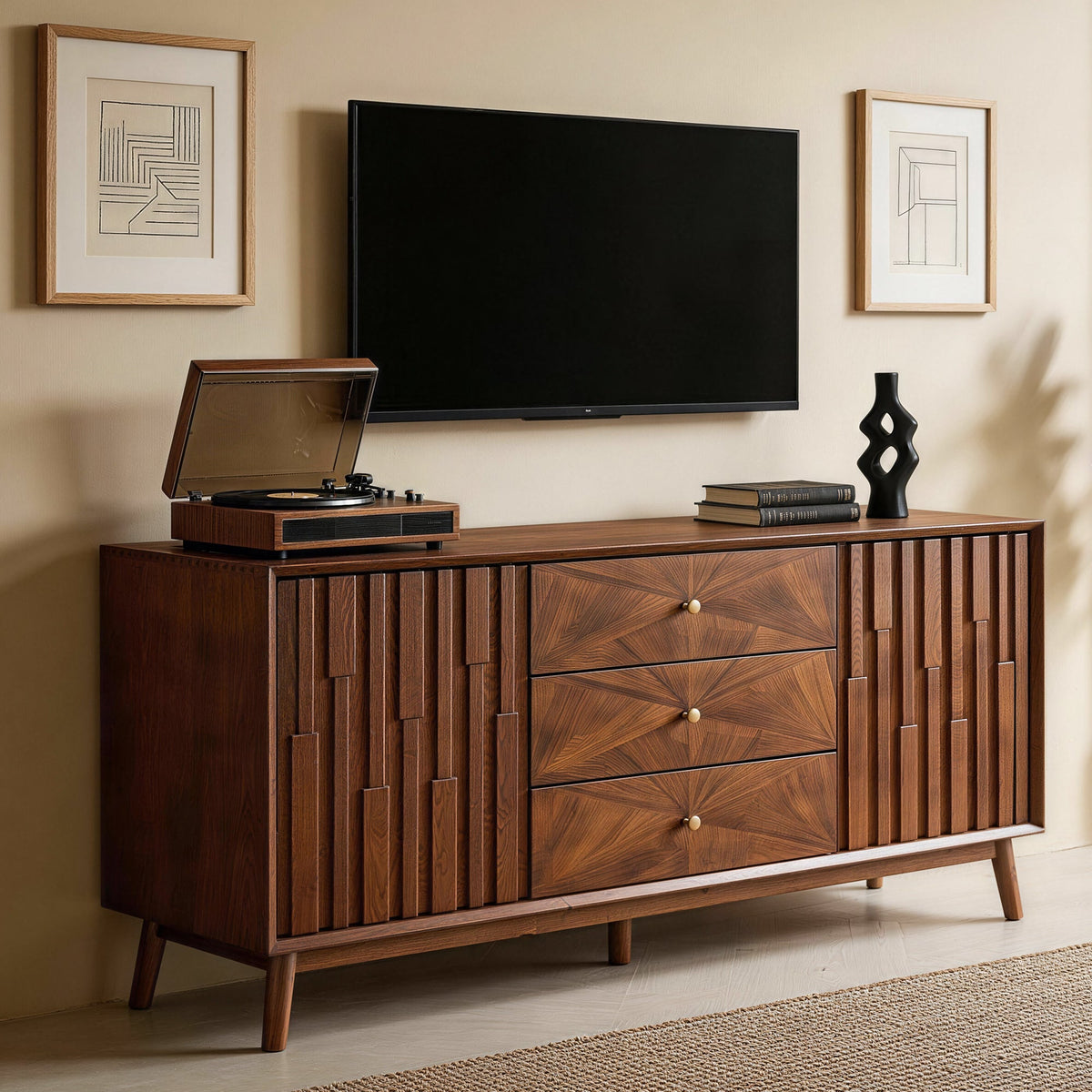 Mid Century Sideboard Buffet Cabinet, Walnut Wood, 56 Inches, 3 Drawers and 2 Cabinets