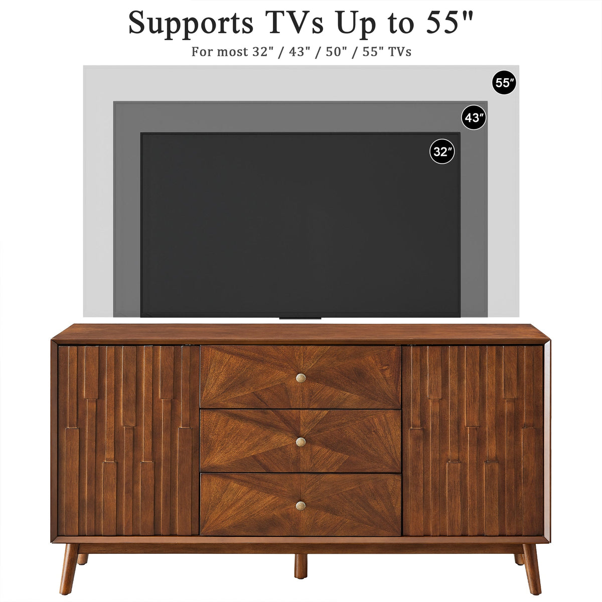 Mid Century Sideboard Buffet Cabinet, Walnut Wood, 56 Inches, 3 Drawers and 2 Cabinets, photo 10 of 10