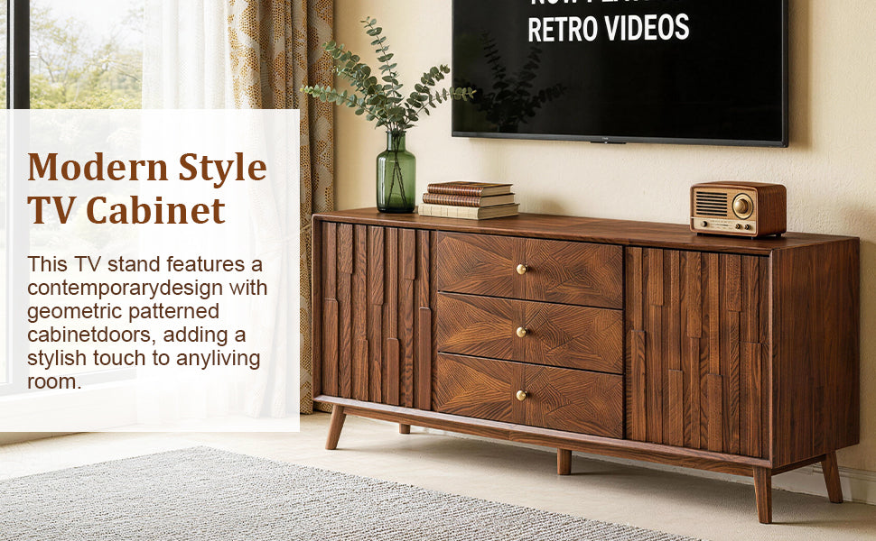 Mid Century Sideboard Buffet Cabinet, Walnut Wood, 56 Inches, 3 Drawers and 2 Cabinets, photo 4 of 10