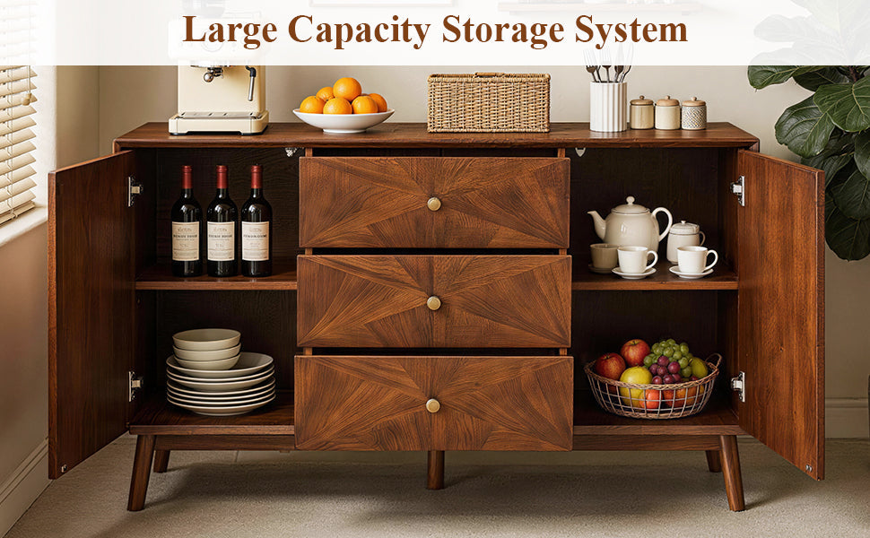 Mid Century Sideboard Buffet Cabinet, Walnut Wood, 56 Inches, 3 Drawers and 2 Cabinets, photo 5 of 10