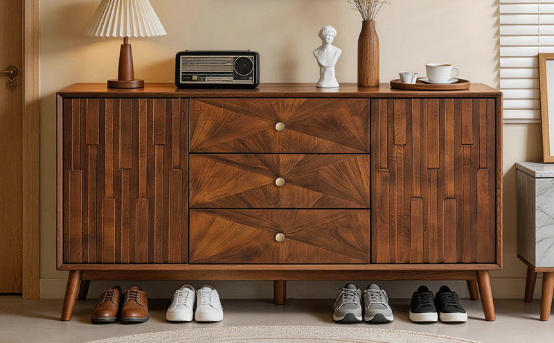 Mid Century Sideboard Buffet Cabinet, Walnut Wood, 56 Inches, 3 Drawers and 2 Cabinets, photo 7 of 10