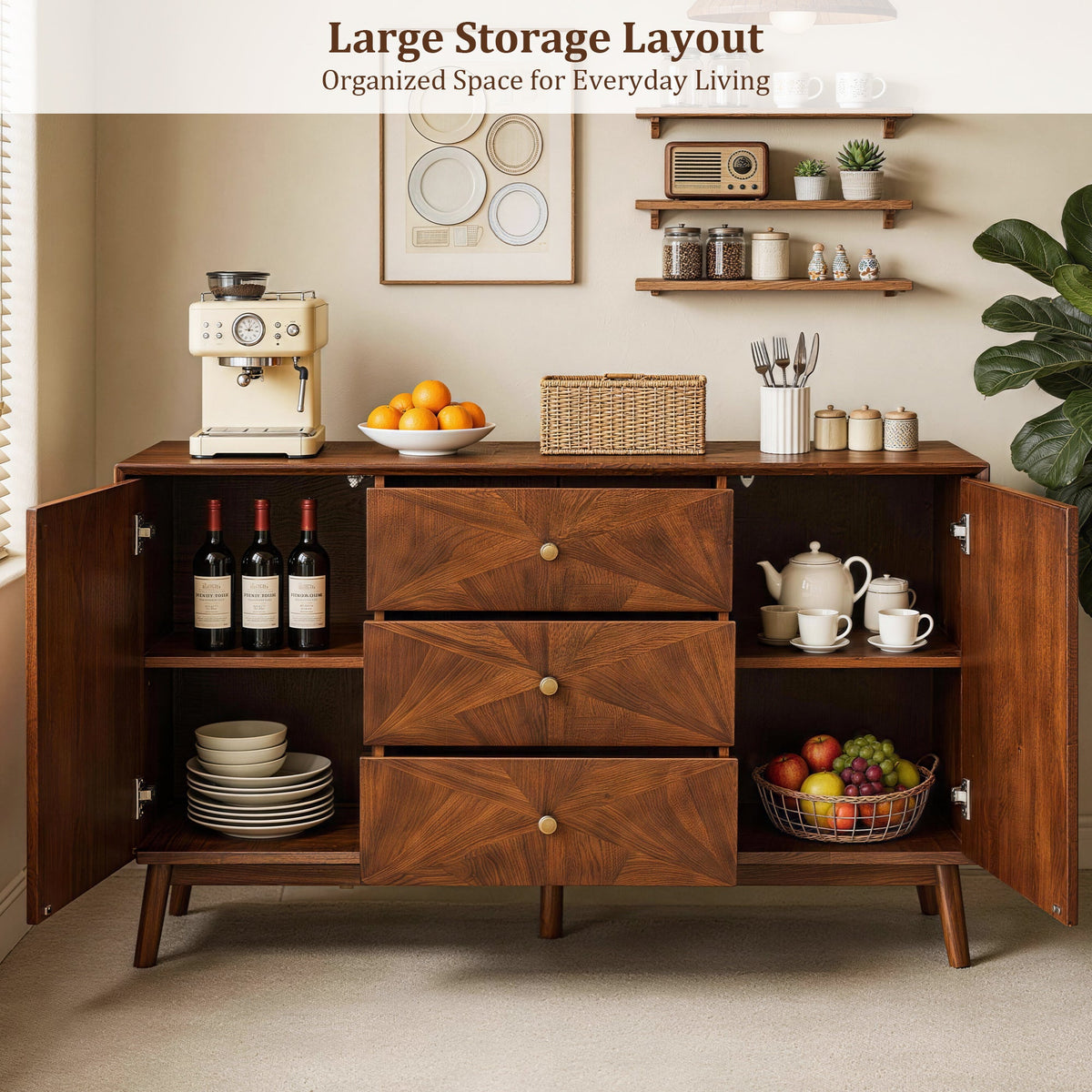 Mid Century Sideboard Buffet Cabinet, Walnut Wood, 56 Inches, 3 Drawers and 2 Cabinets, photo 9 of 10