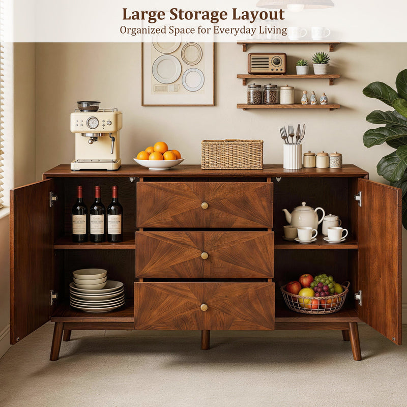 Mid Century Sideboard Buffet Cabinet, Walnut Wood, 56 Inches, 3 Drawers and 2 Cabinets, photo 9 of 10