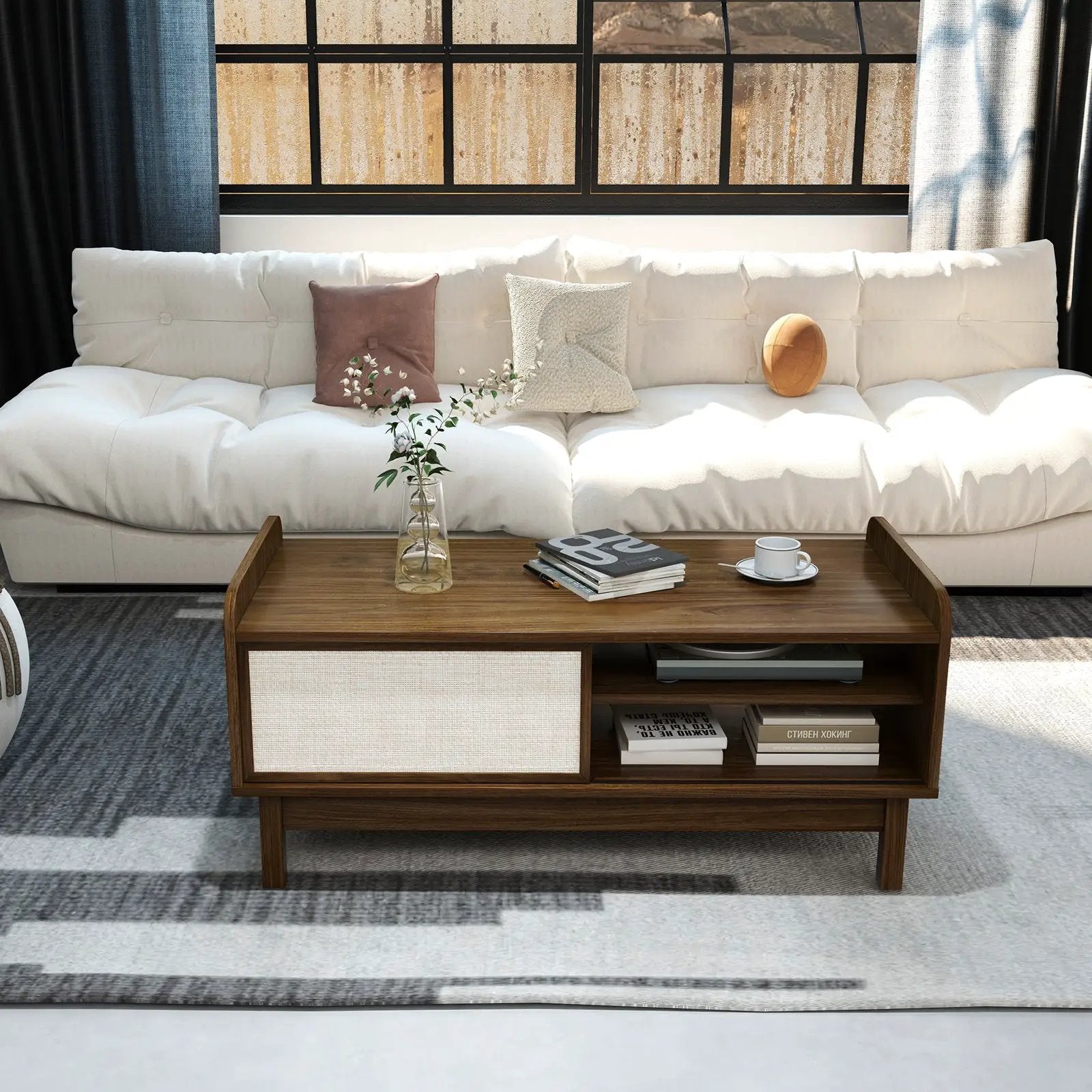 Mid-Century Center Table with Storage and Weaving Sliding Door & Adjustable Shelf-Walnut by DirectDeals