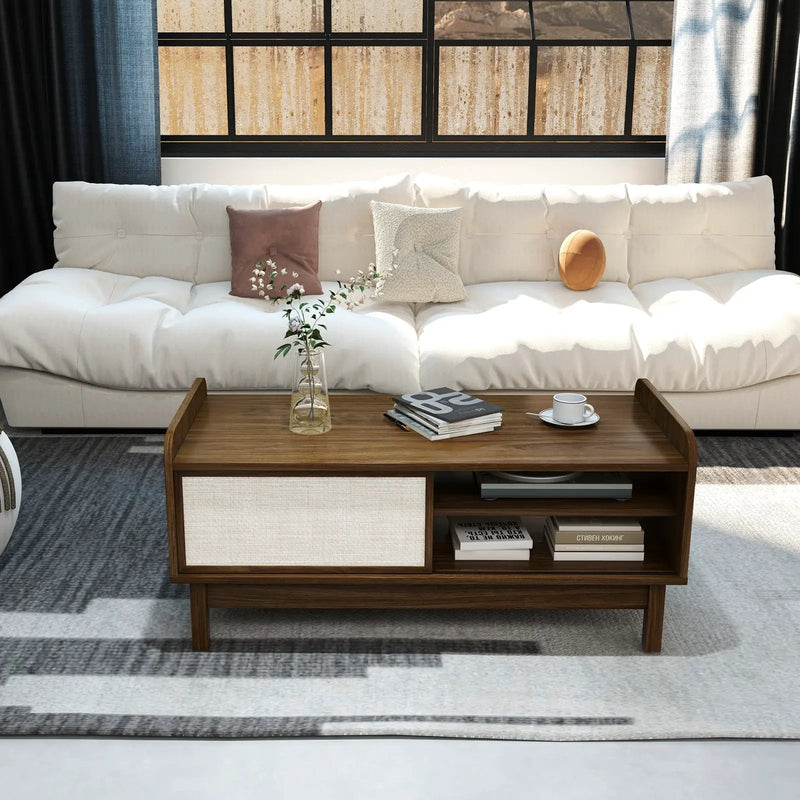 Mid-Century Center Table with Storage and Weaving Sliding Door & Adjustable Shelf-Walnut by DirectDeals