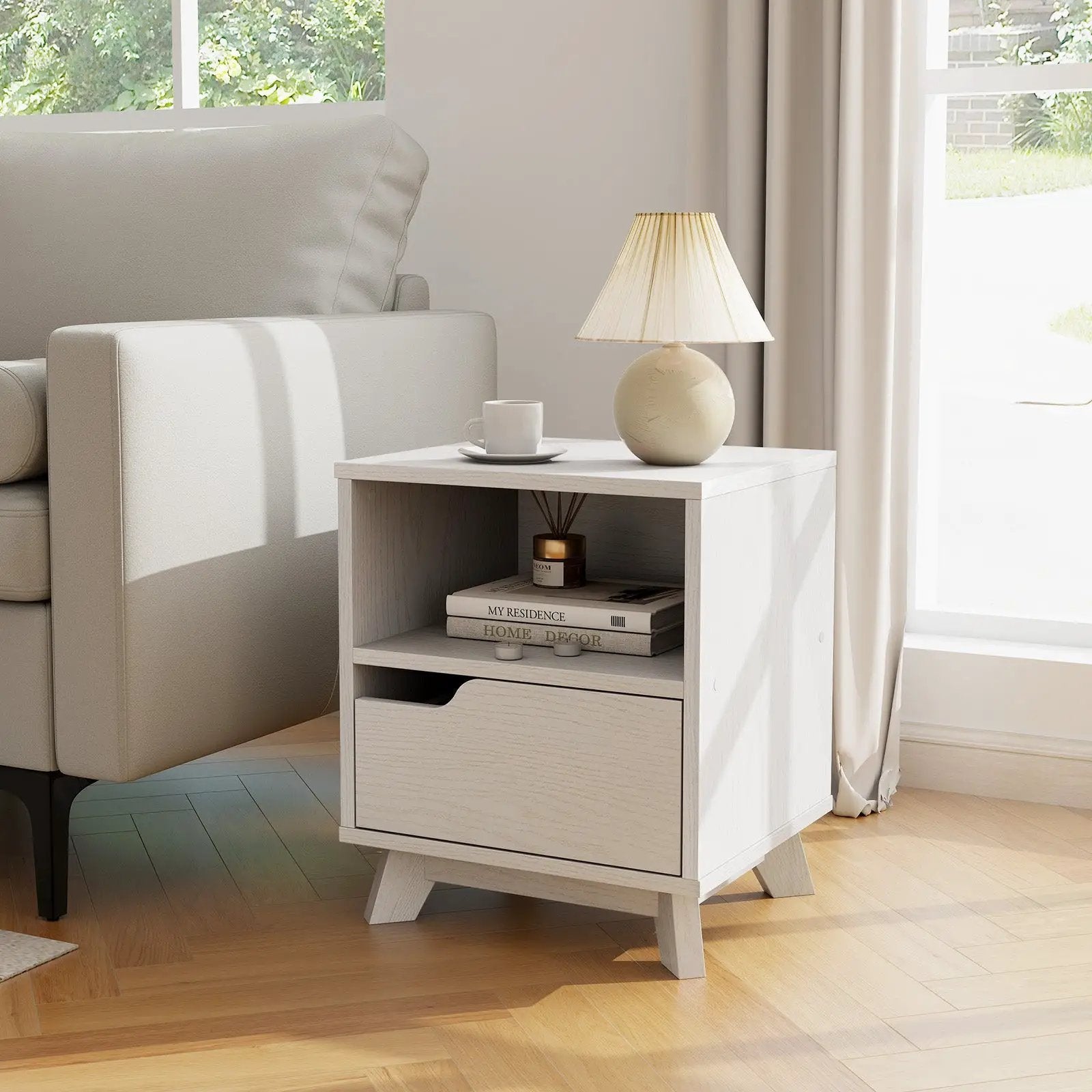 Mid Century Modern Bedside Table with Storage Drawer and Open Shelf-White by DirectDeals
