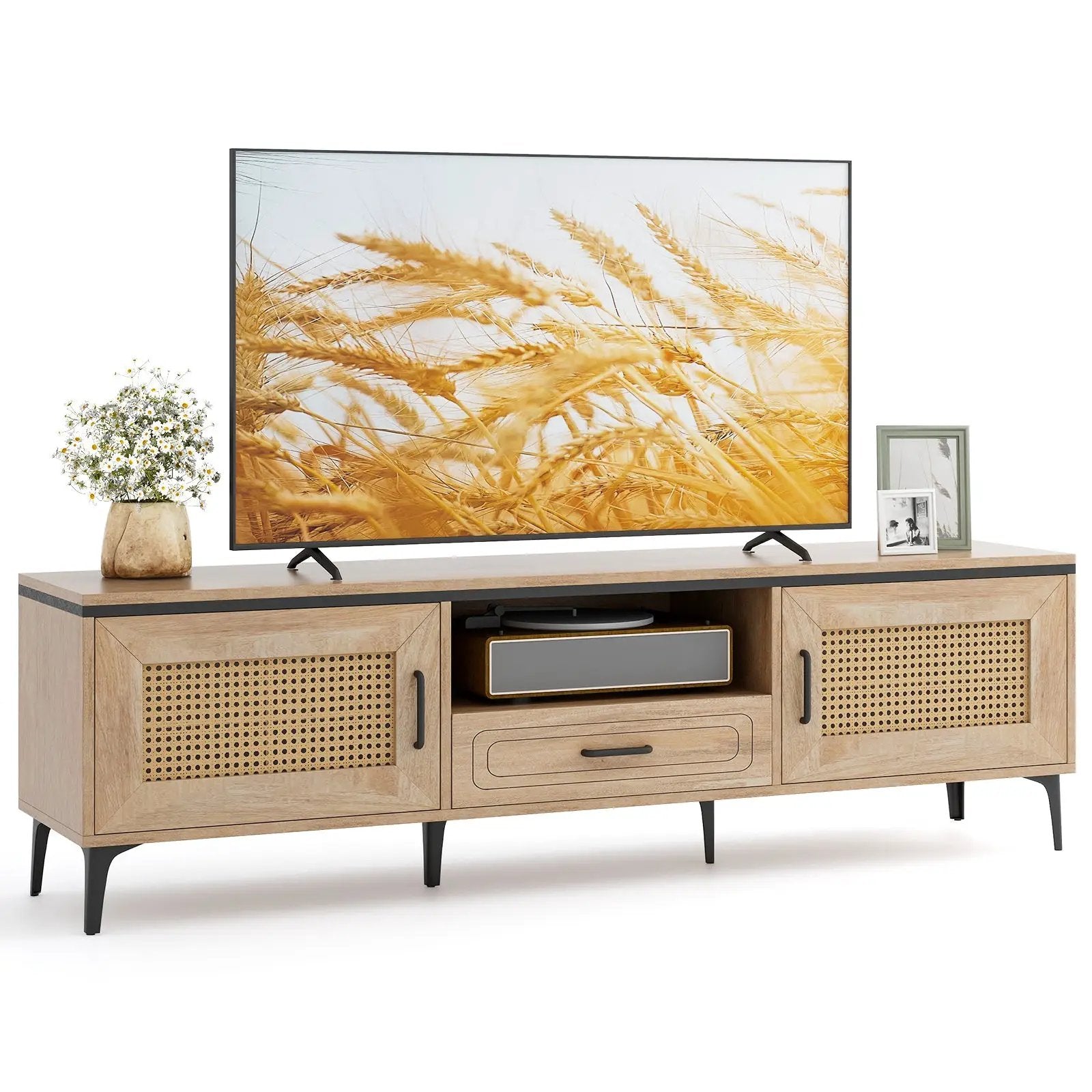 Mid Century Modern Entertainment Center with 2 Cabinets and Storage Drawer-Oak by DirectDeals