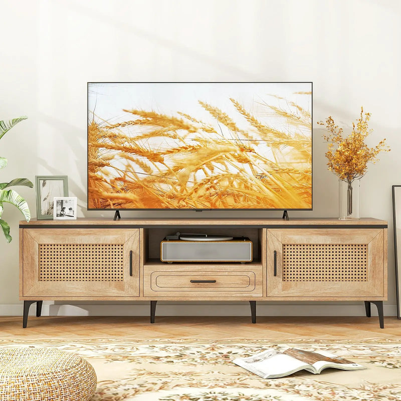 Mid Century Modern Entertainment Center with 2 Cabinets and Storage Drawer-Oak by DirectDeals