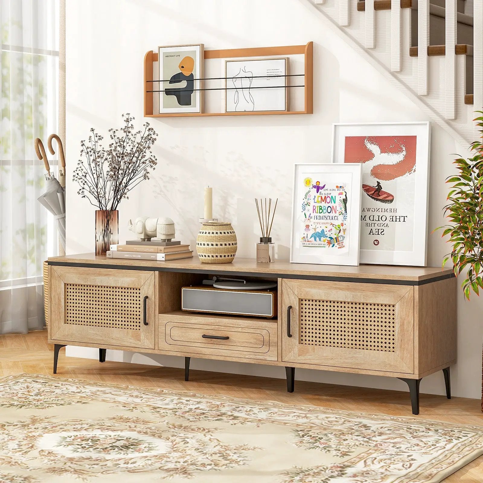 Mid Century Modern Entertainment Center with 2 Cabinets and Storage Drawer-Oak by DirectDeals
