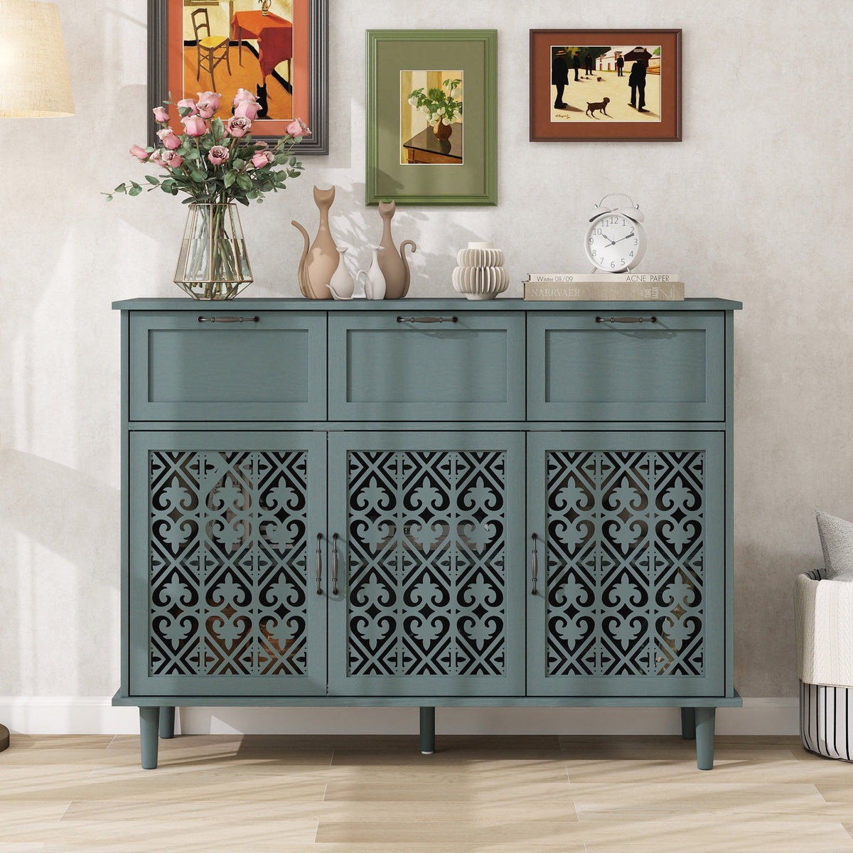 3 Door 3 Drawer Cabinet, Dark Green, 47-Inch Wide