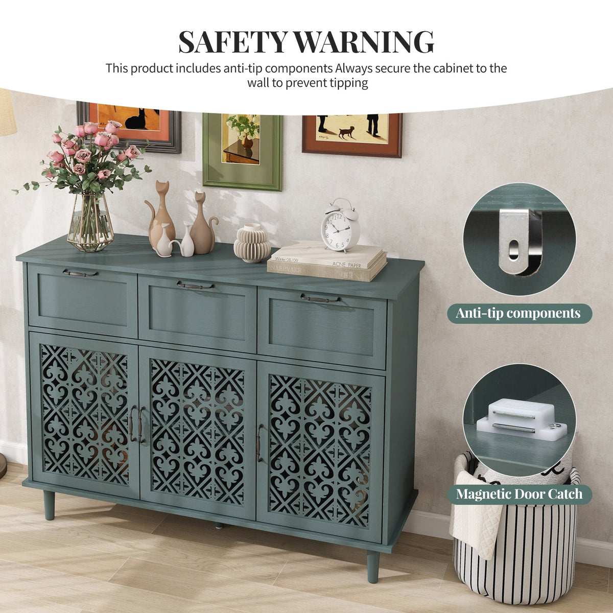 3 Door 3 Drawer Cabinet, Dark Green, 47-Inch Wide, photo 2 of 9