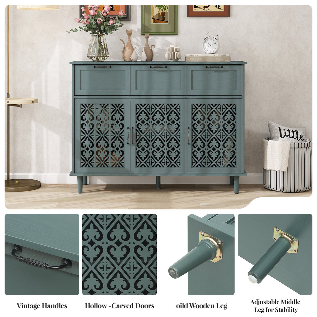 3 Door 3 Drawer Cabinet, Dark Green, 47-Inch Wide, photo 3 of 9