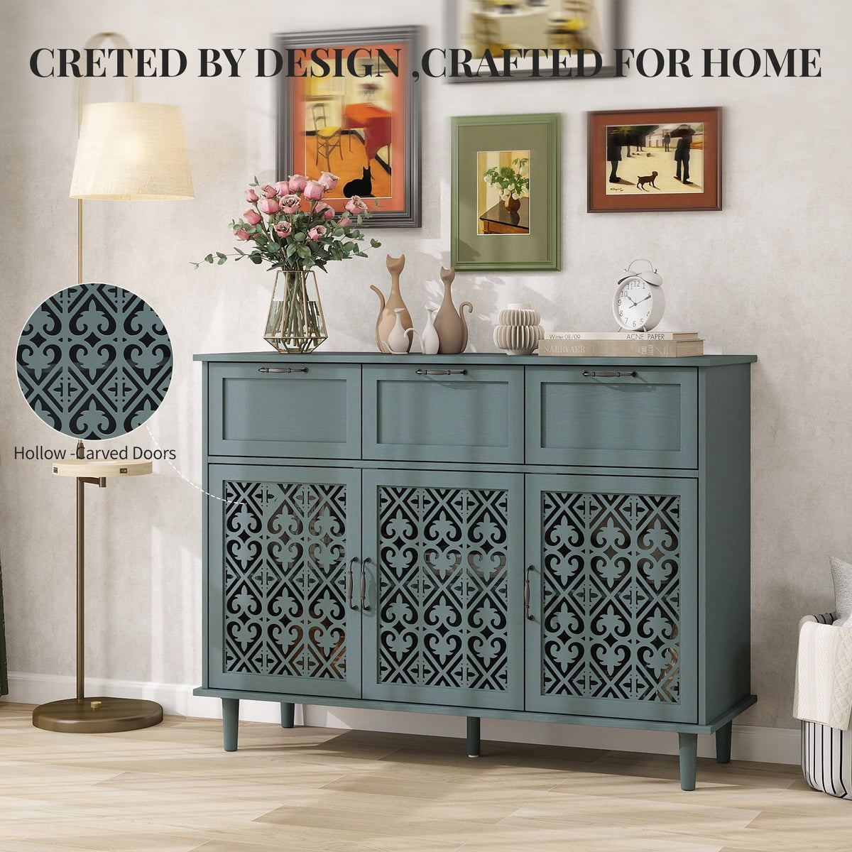 3 Door 3 Drawer Cabinet, Dark Green, 47-Inch Wide, photo 6 of 9