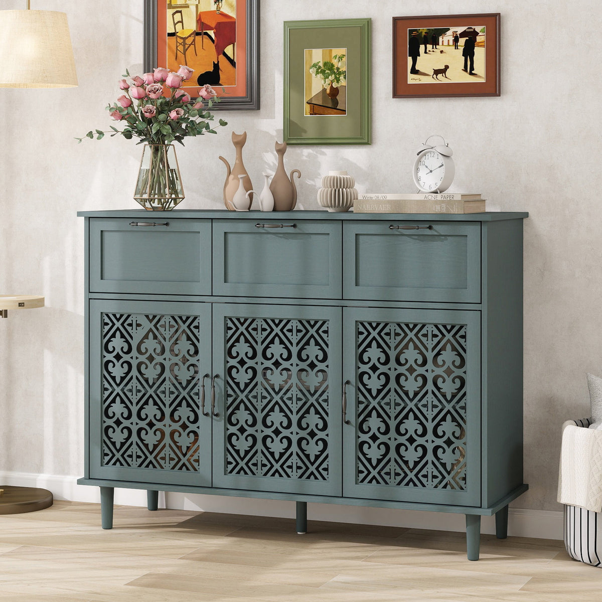 3 Door 3 Drawer Cabinet, Dark Green, 47-Inch Wide, photo 7 of 9