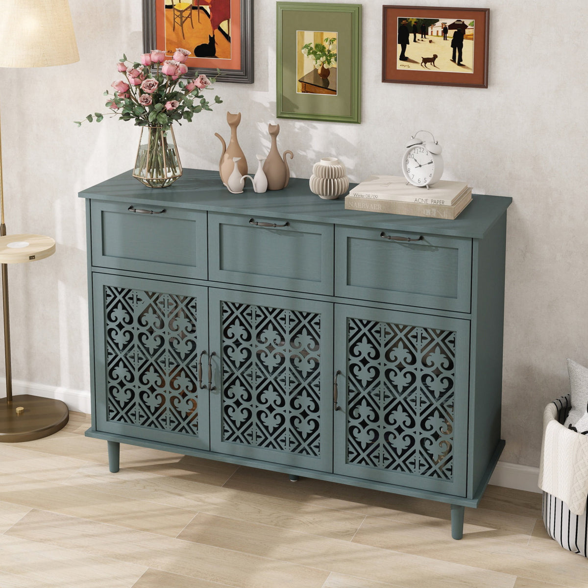 3 Door 3 Drawer Cabinet, Dark Green, 47-Inch Wide, photo 8 of 9