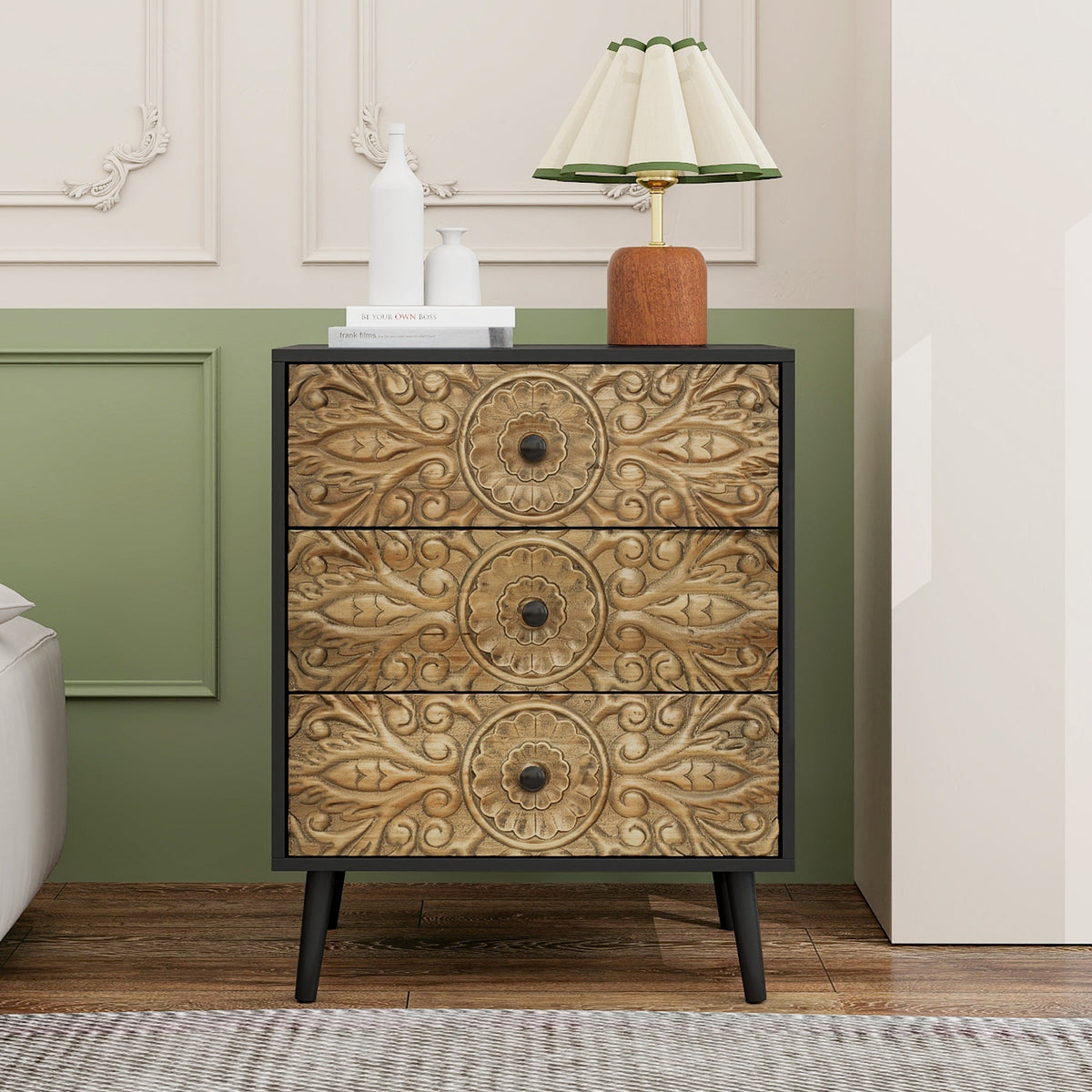 3 Drawer Cabinet, Black, 23.6-Inch Wide, Particle Board and MDF