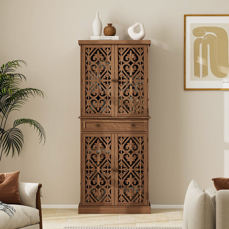 Carved Wooden Storage Cabinet, 4 Doors 1 Drawer, 72-Inch Tall, Walnut