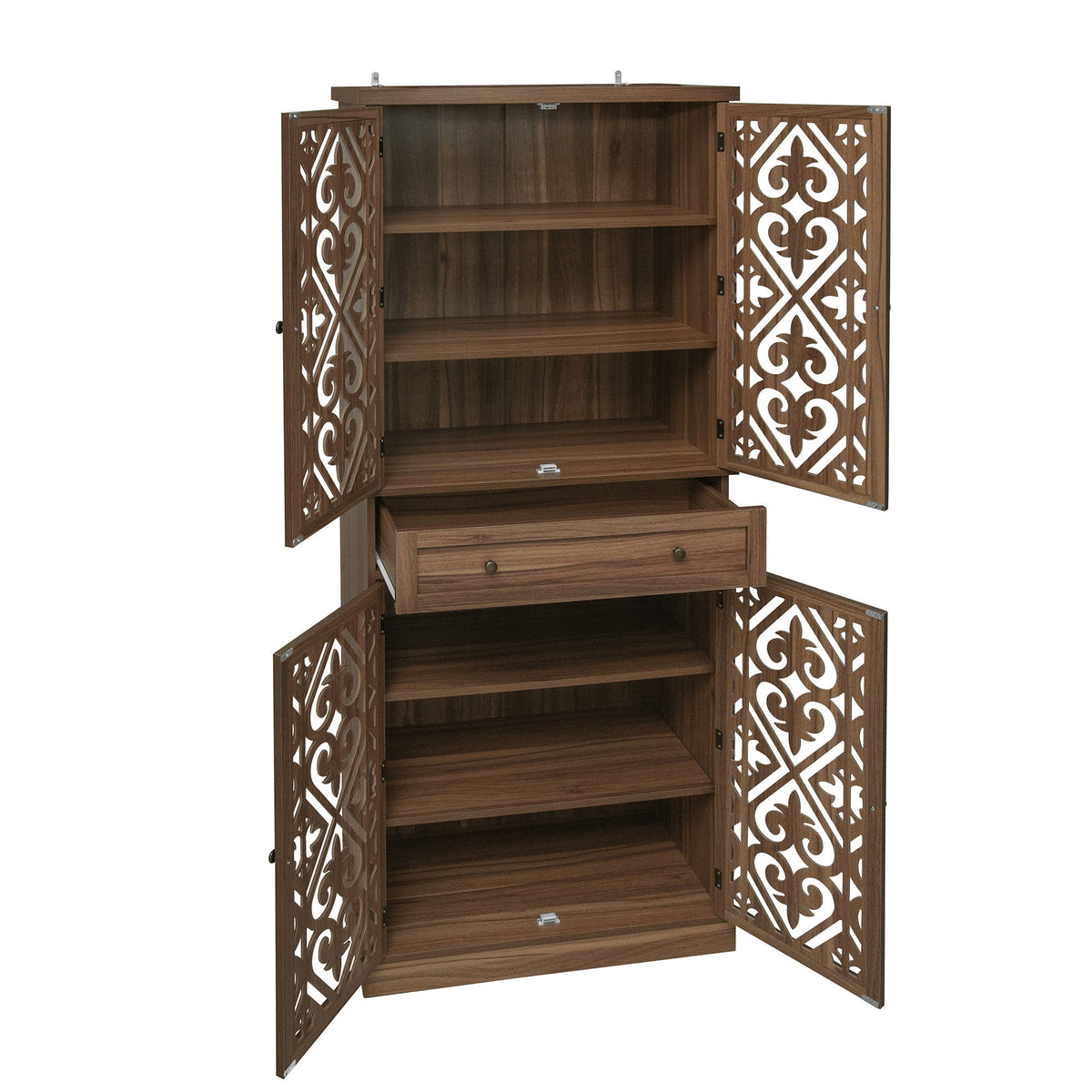 Carved Wooden Storage Cabinet, 4 Doors 1 Drawer, 72-Inch Tall, Walnut, photo 3 of 10