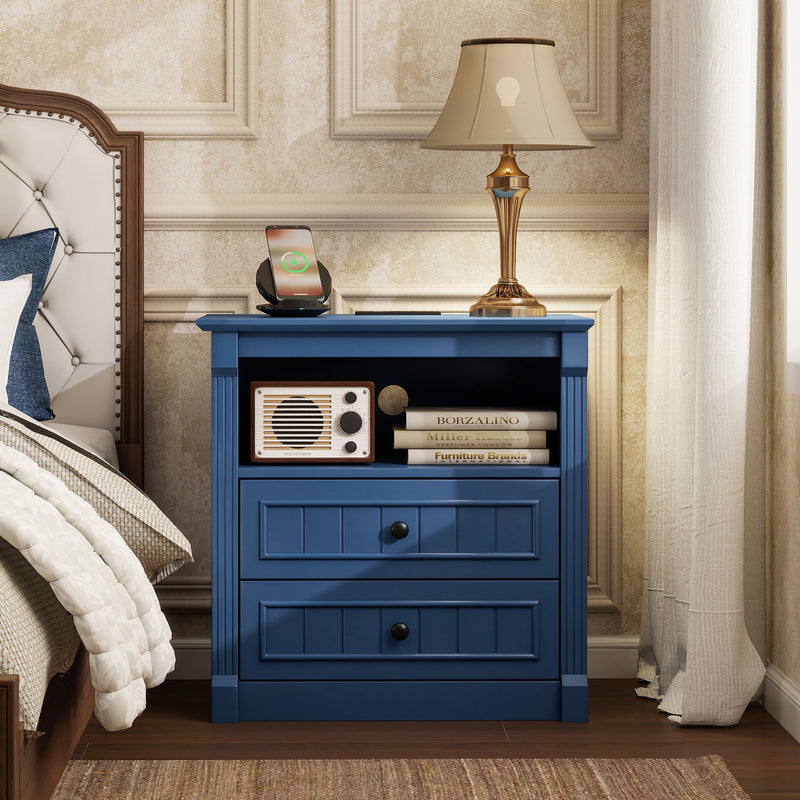 Dusty Nightstand with Charging Station, 2-Drawer, Aged Blue