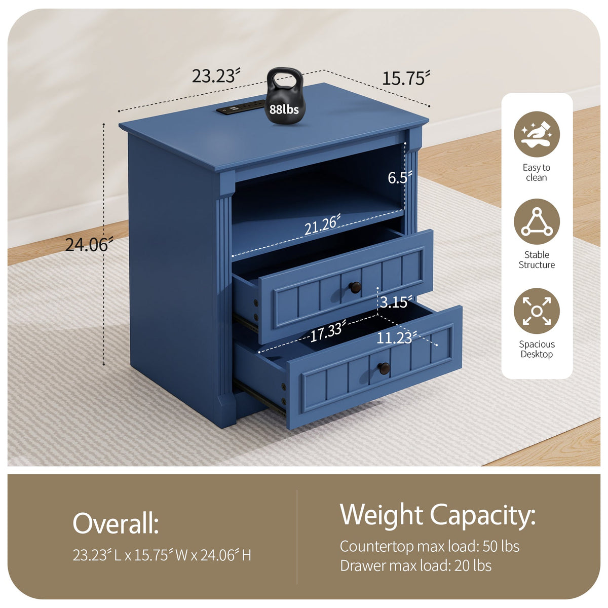Dusty Nightstand with Charging Station, 2-Drawer, Aged Blue, photo 7 of 10