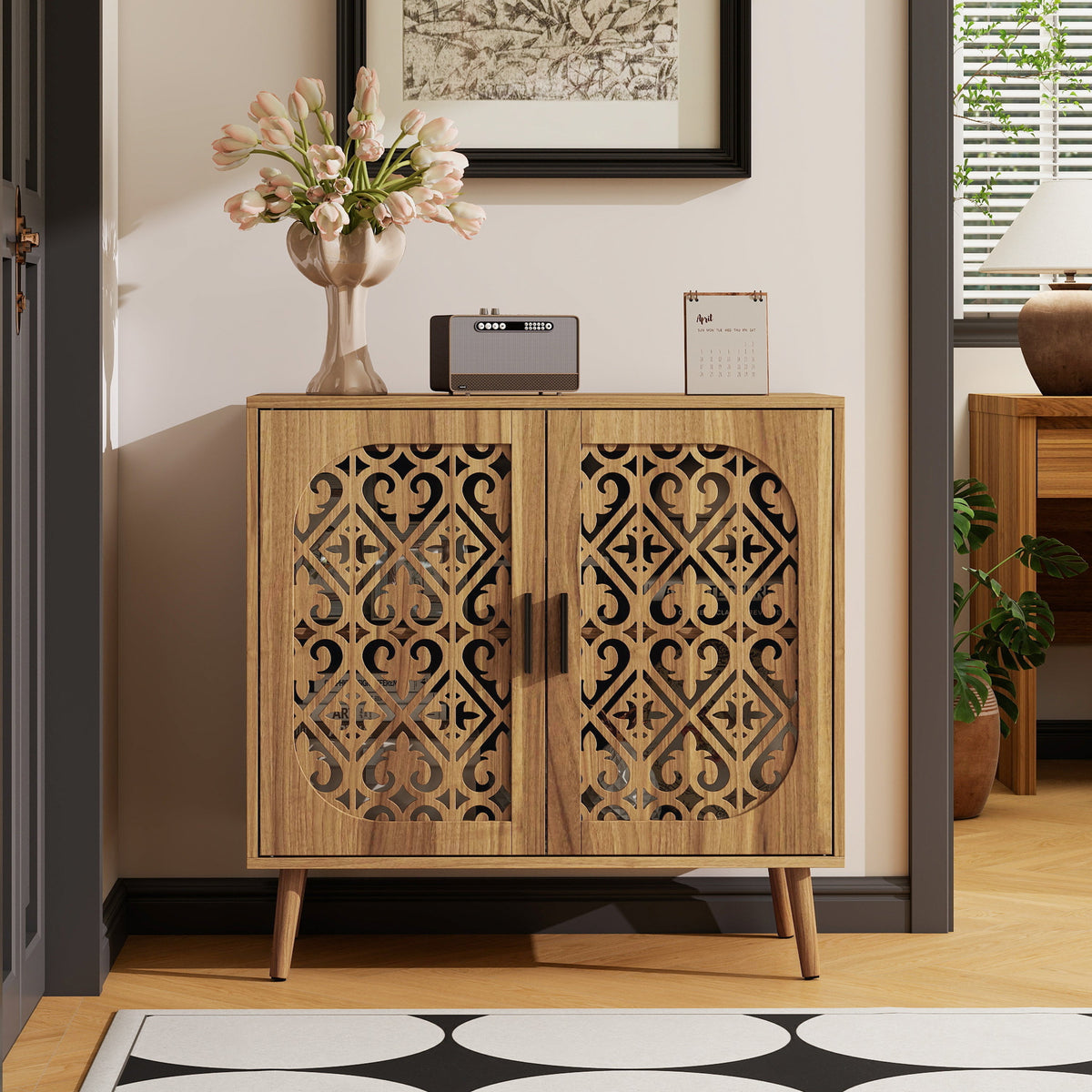 Wooden Storage Cabinet with Hollow-Out Carved Doors, Walnut, Adjustable Shelves