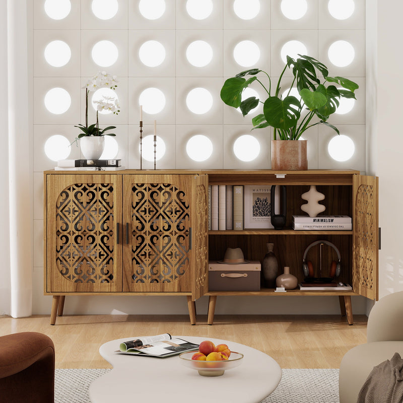 Wooden Storage Cabinet with Hollow-Out Carved Doors, Walnut, Adjustable Shelves, photo 10 of 10