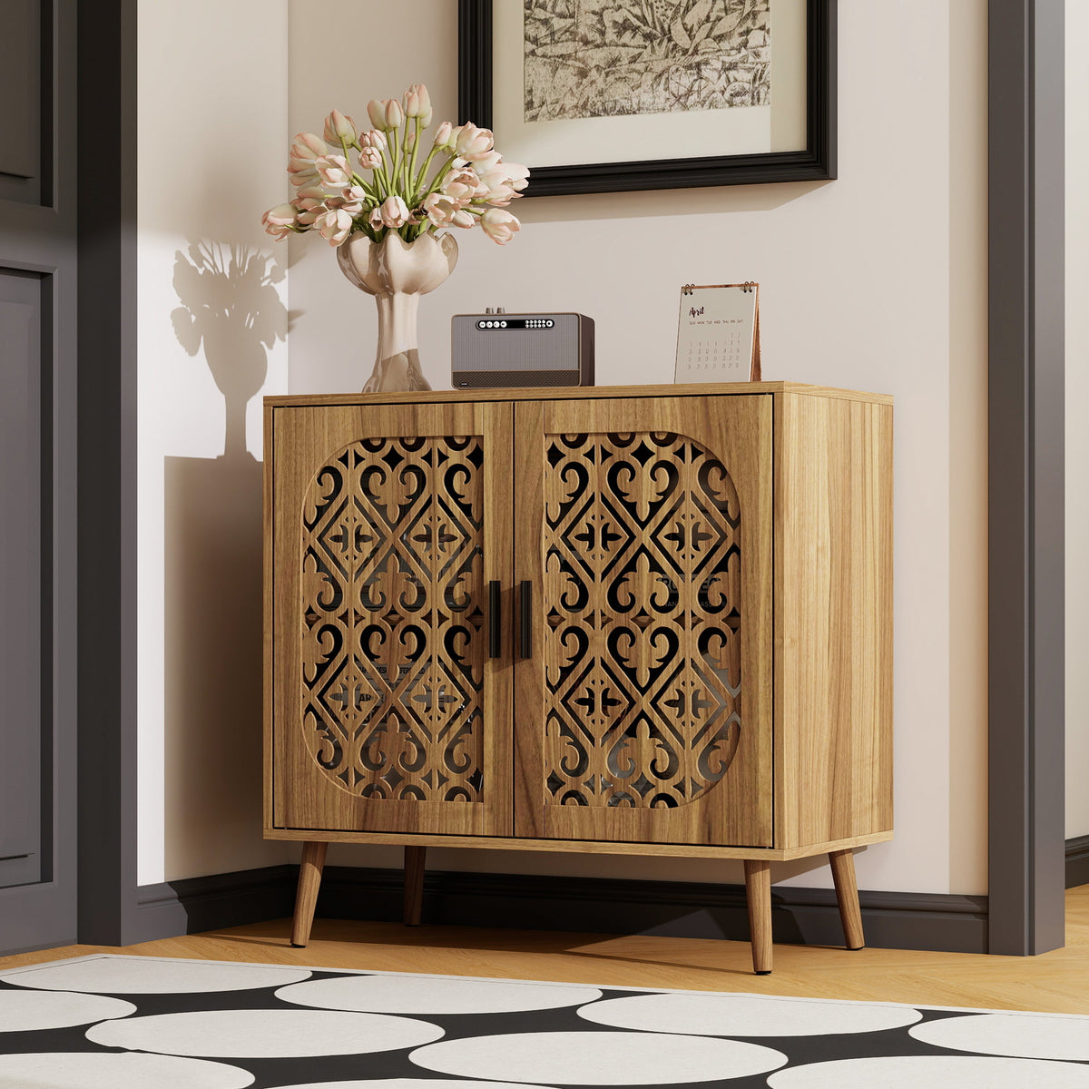 Wooden Storage Cabinet with Hollow-Out Carved Doors, Walnut, Adjustable Shelves, photo 2 of 10