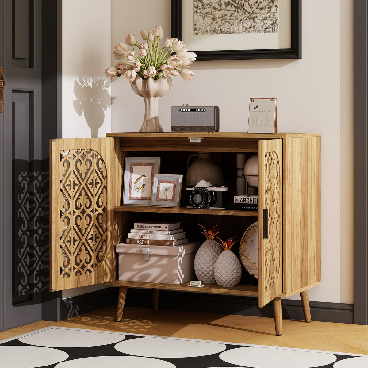 Wooden Storage Cabinet with Hollow-Out Carved Doors, Walnut, Adjustable Shelves, photo 3 of 10