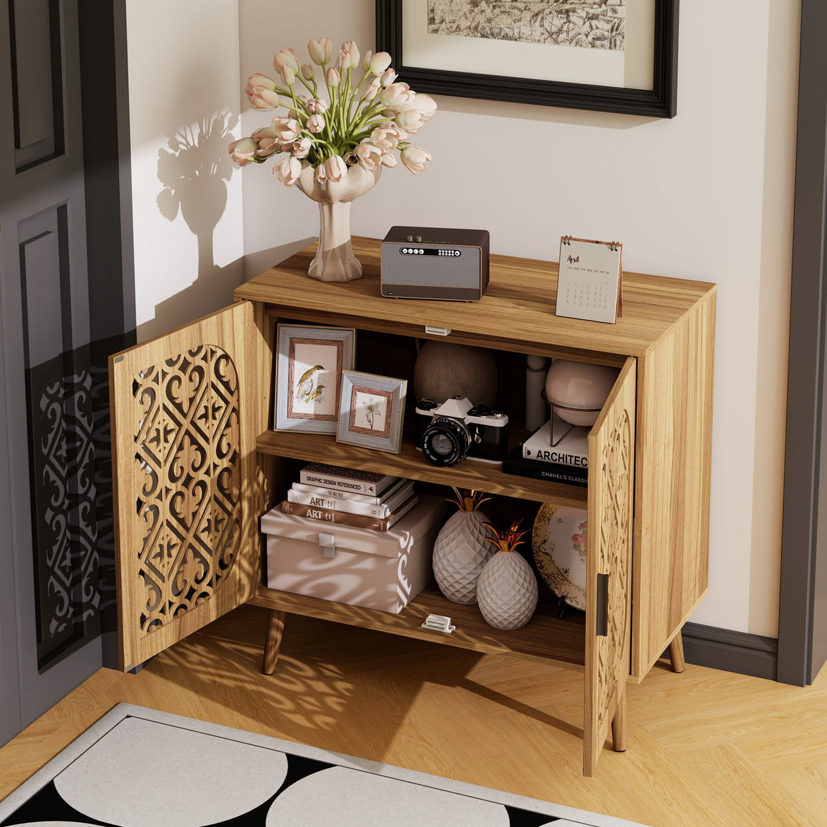Wooden Storage Cabinet with Hollow-Out Carved Doors, Walnut, Adjustable Shelves, photo 4 of 10