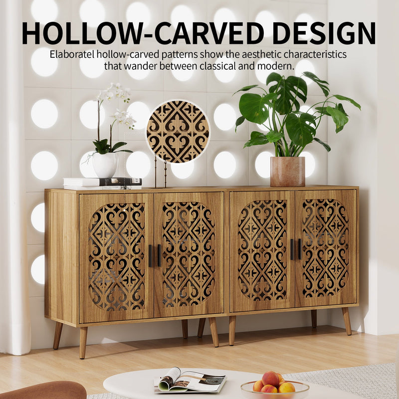 Wooden Storage Cabinet with Hollow-Out Carved Doors, Walnut, Adjustable Shelves, photo 5 of 10