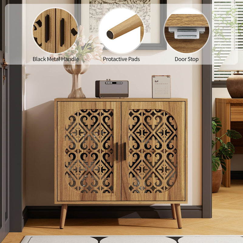 Wooden Storage Cabinet with Hollow-Out Carved Doors, Walnut, Adjustable Shelves, photo 6 of 10