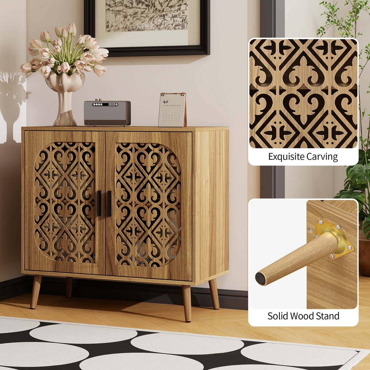 Wooden Storage Cabinet with Hollow-Out Carved Doors, Walnut, Adjustable Shelves, photo 8 of 10