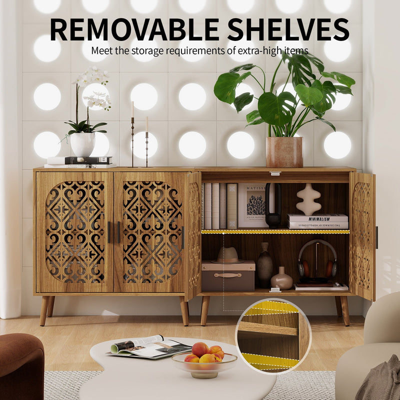Wooden Storage Cabinet with Hollow-Out Carved Doors, Walnut, Adjustable Shelves, photo 9 of 10