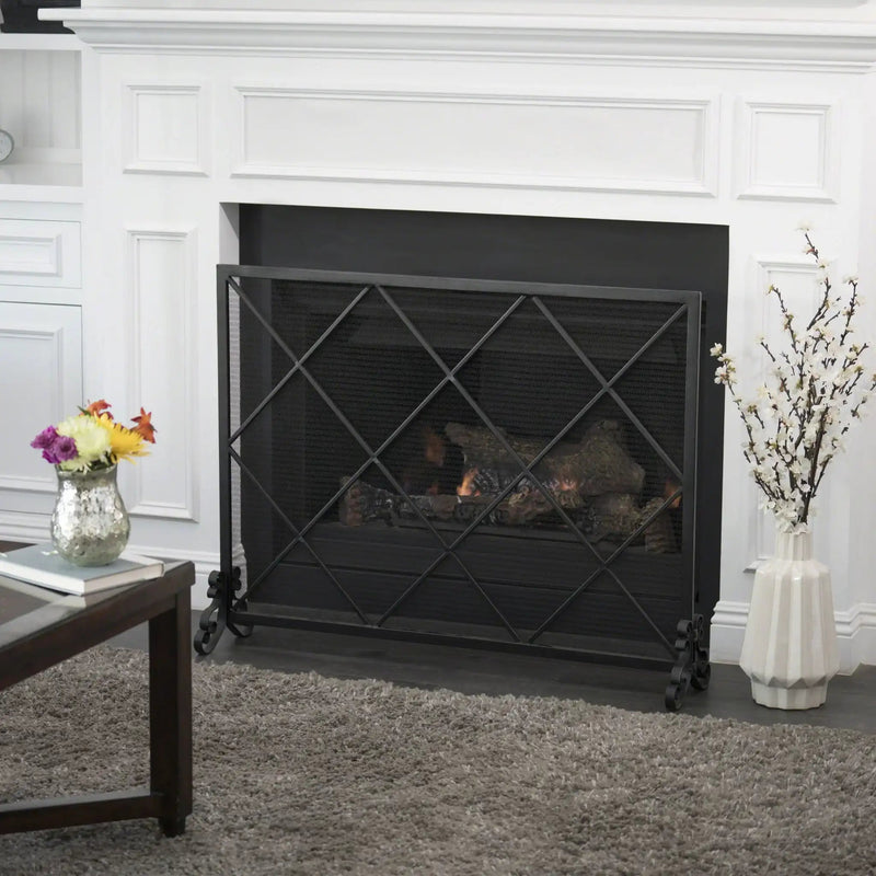 Minimalist Single Panel Iron Fireplace Screen with Diamond Design, photo 4 of 4